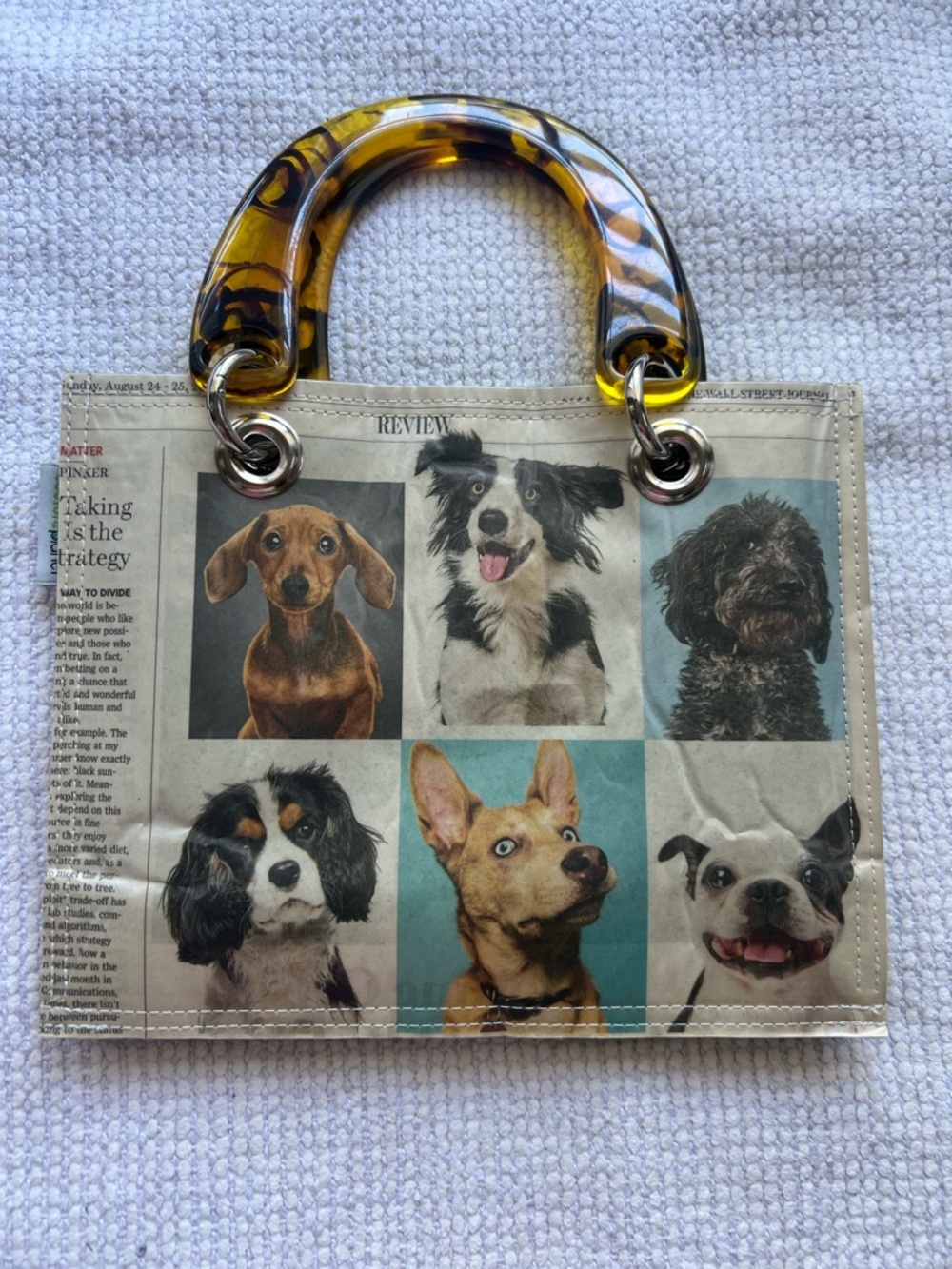 Brooks Clear Mini Tote with Yellow Tortoiseshell Handles and Multi-Dog Print